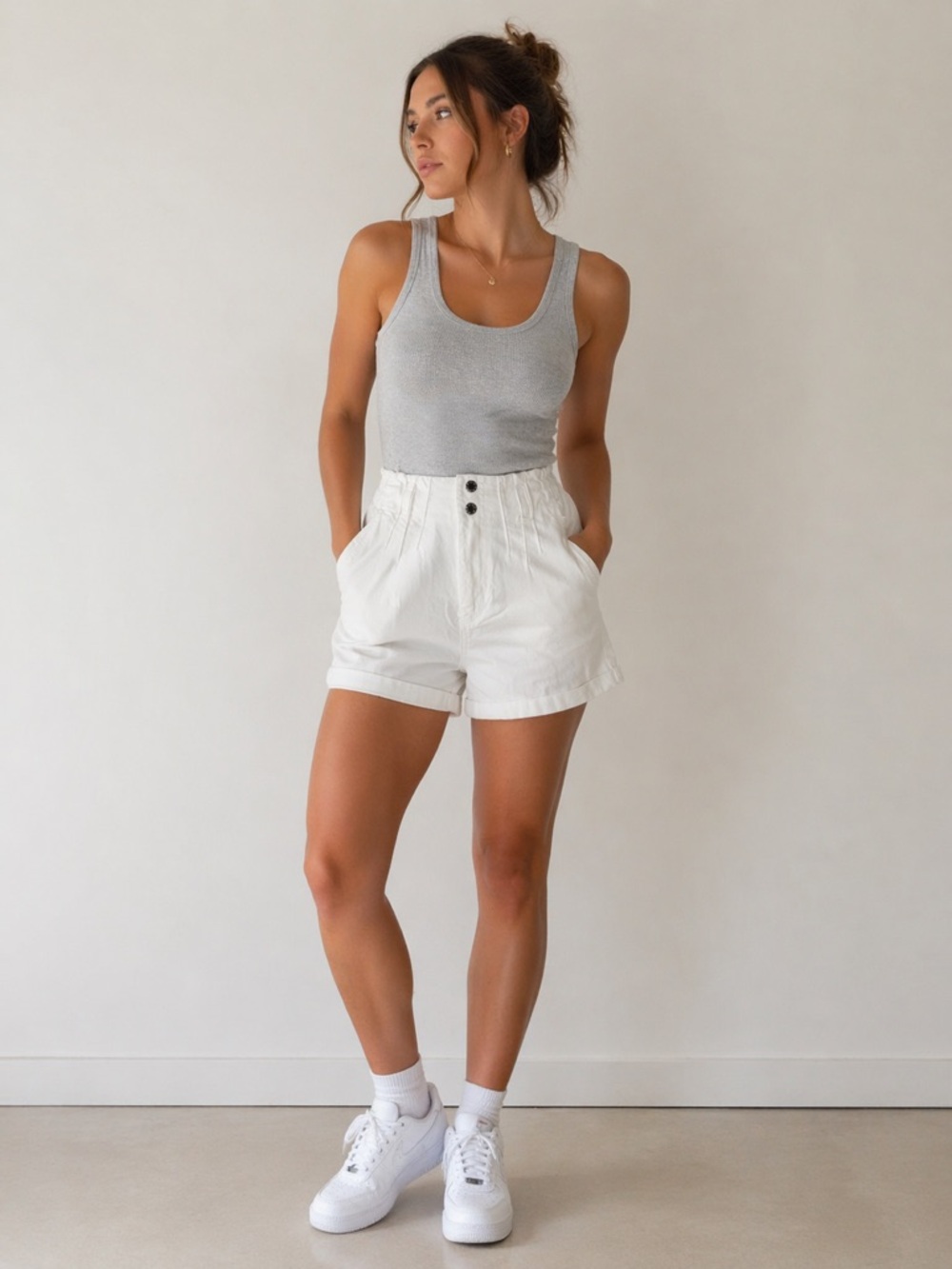 Women's High-Waist White Elastic-Waist Shorts with Double Button
